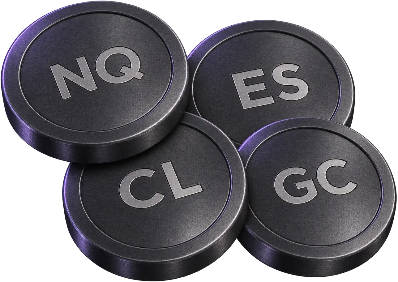 Four brushed-metal tokens engraved NQ, ES, CL and GC: the Nasdaq, S&P 500, crude oil and gold futures contracts