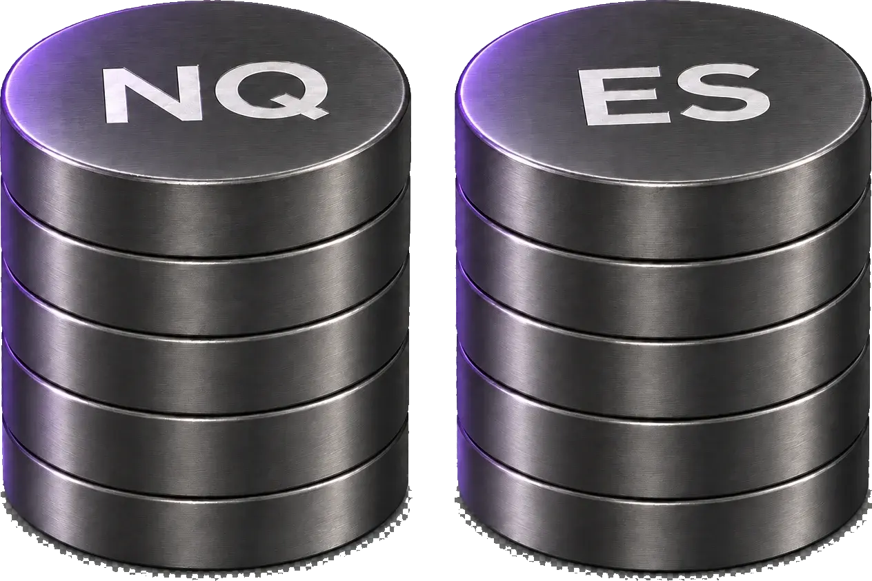 Two equal stacks of brushed-metal contract tokens, NQ and ES: the same contract limit in evaluation and on the funded account