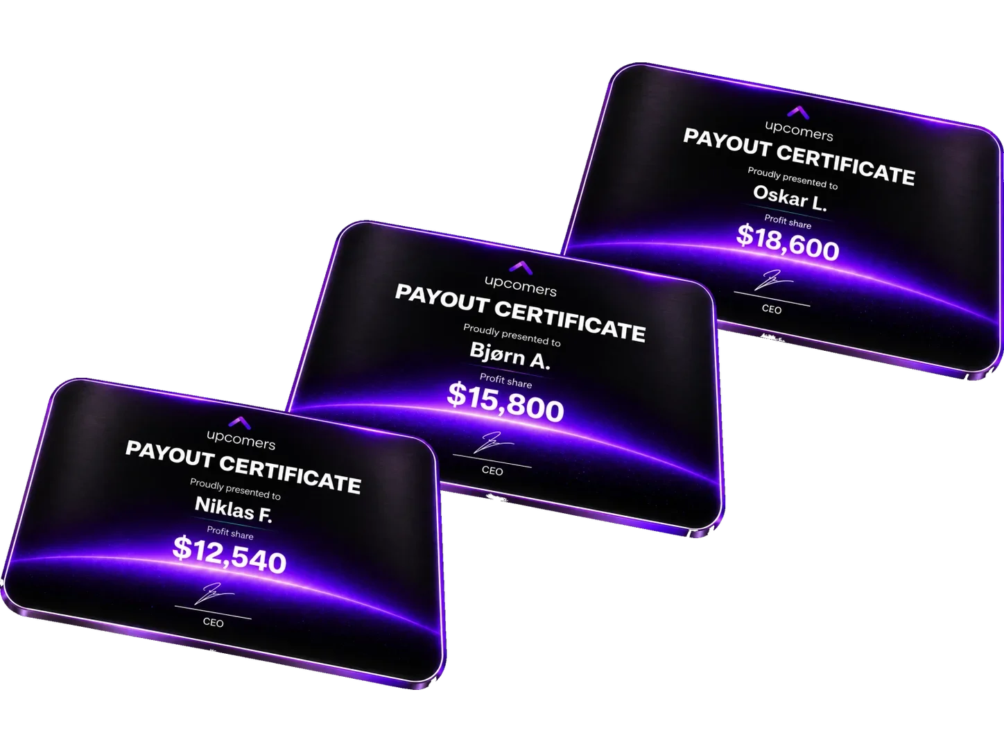 Three Upcomers payout certificates fanned like premium cards